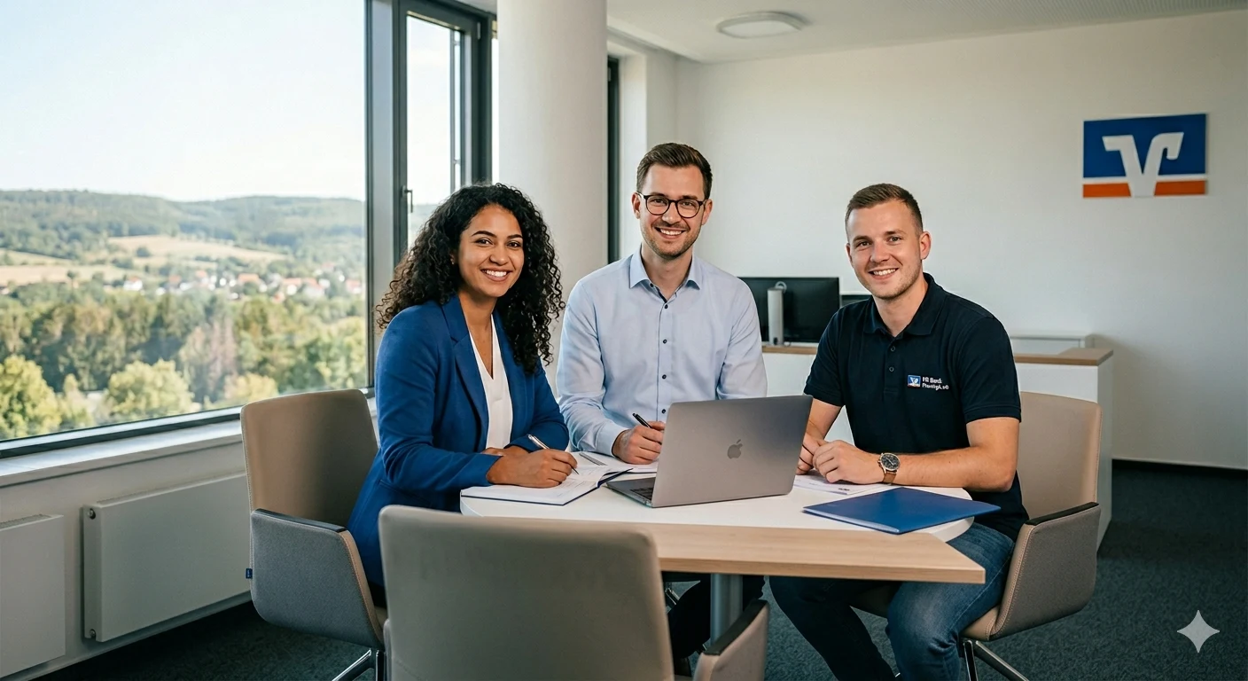 Drei freundliche Personen schauen in Richtung Kamera und sitzen in einer Büroatmosphäre